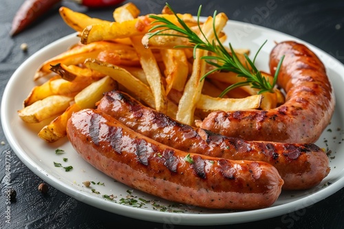 Grilled sausages and French fries. Image for cafe menu, Banner