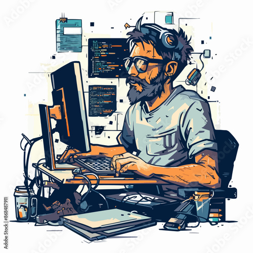 A programmer at a computer, surrounded by code, looking proud.