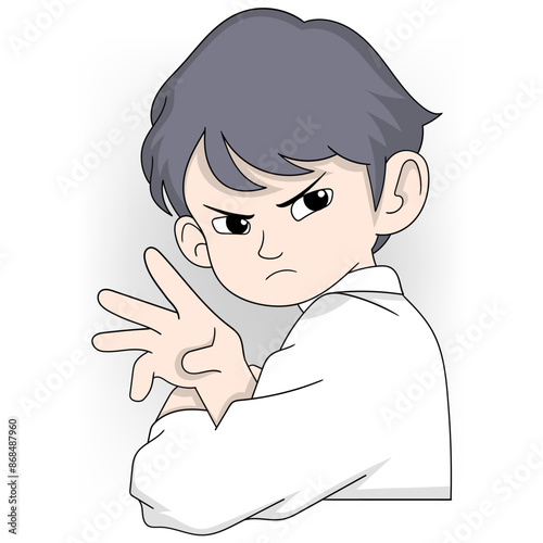 Serious Cartoon Character Making a Rejection Gesture in White Shirt