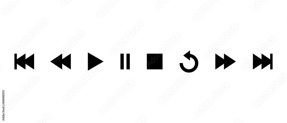 Play, pause, stop, repeat, previous and next icon. Media player control button Play, pause, stop, repeat, previous and next icon. Media player control button