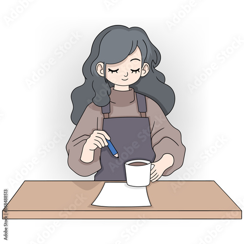 Cartoon Character with Dark Hair Enjoying Coffee During a Work Break