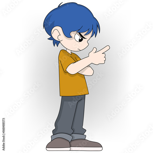 Cartoon Character with Blue Hair Making a Threatening Gesture in Yellow Shirt