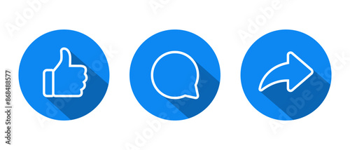 Like, comment, and share icon in line style with long shadow