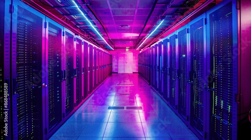 Modern data center operational server racks in rows showcasing cloud computing AI telecommunications and supercomputer technology 