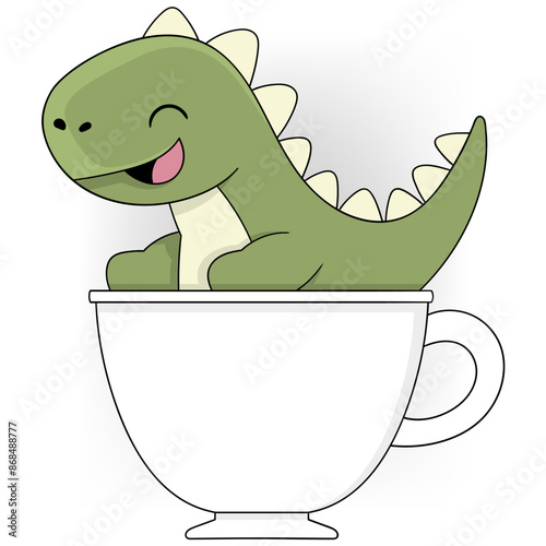Happy Green Dinosaur Sitting Cheerfully in a Coffee Cup