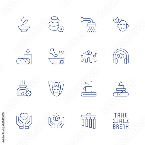 Relaxation line icon set on transparent background with editable stroke. Containing aromatherapy, footspa, incense, massage, meditationsounds, shower, spa, towel, zen. photo