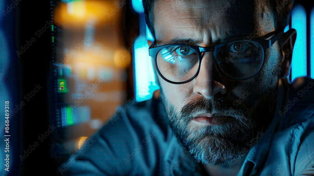 Portrait of a serious administrator overseeing cyber security for a large corporation Portrait of a serious administrator overseeing cyber security for a large corporation