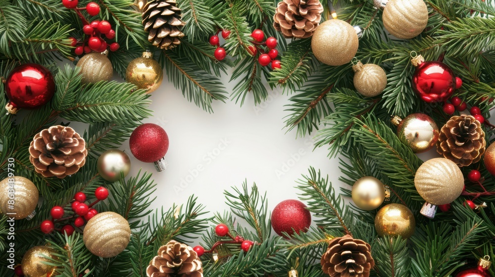 Festive Christmas frame with red and gold ornaments, pine cones, and berries creating a frame on a white background. Concept of holiday decoration and cheer. Festive Christmas frame with red and gold ornaments, pine cones, and berries creating a frame on a white background. Concept of holiday decoration and cheer.