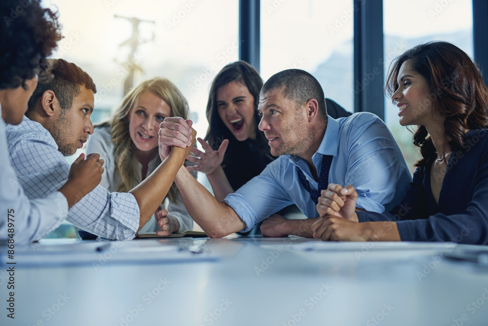 Obraz premium Arm wrestling, business people and men in boardroom, strong or cooperation for project. Staff, coworkers or battle for power, challenge or masculine test in modern office, cheering or vs with contest