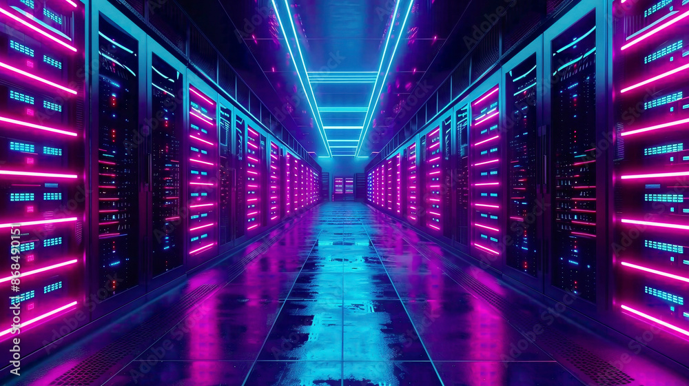 Fototapeta premium Shot of fully operational data center with multiple rows of server racks Modern telecommunications cloud computing artificial intelligence database emphasized 