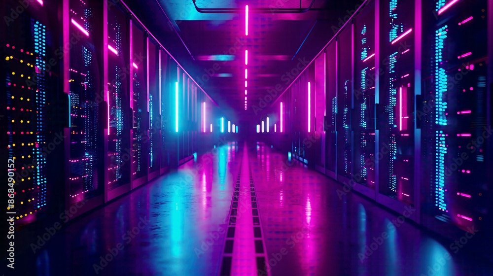 Fototapeta premium Shot of fully operational data center with multiple rows of server racks Modern telecommunications cloud computing artificial intelligence database emphasized 