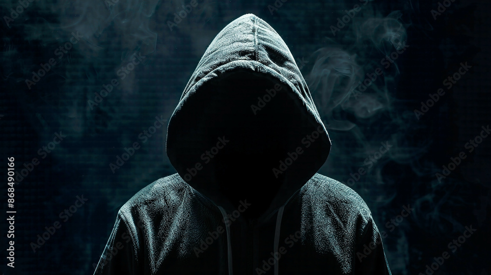Sinister portrayal of a hacker with a hoodie his face obscured in shadow suggesting cyber security vulnerabilities and potential data breaches Sinister portrayal of a hacker with a hoodie his face obscured in shadow suggesting cyber security vulnerabilities and potential data breaches