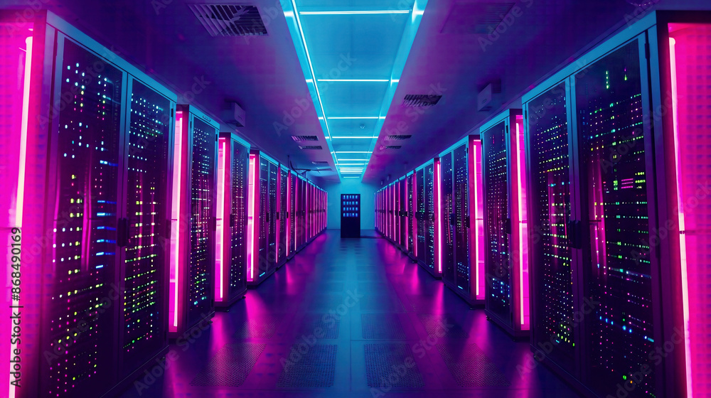 Fototapeta premium Shot of fully operational data center with multiple rows of server racks Modern telecommunications cloud computing artificial intelligence database emphasized 