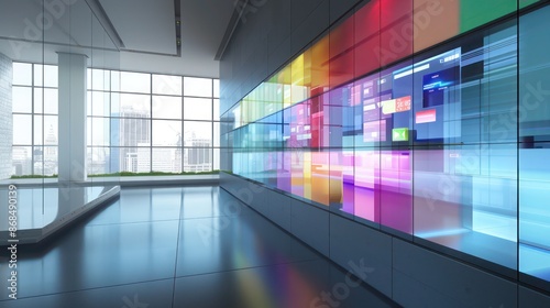 Screen wall with integrated smart glass technology, allowing users to adjust transparency and color with a smartphone app