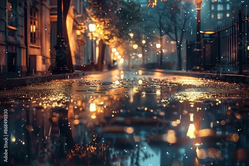 rain street with light reflecting from the rain water abstract background of the street with street lamps glowing and shinning  © Ya Ali Madad 