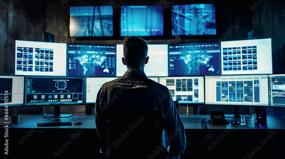 System control center operator seen from behind managing tasks with multiple screens showing technical data Illustrates efficient monitoring and operation System control center operator seen from behind managing tasks with multiple screens showing technical data Illustrates efficient monitoring and operation