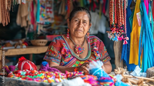 Indigenous Latin American woman selling colorful handmade crafts at market stall