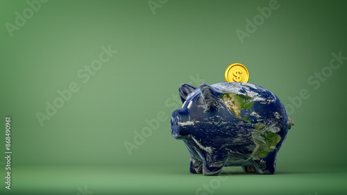 Planet Earth piggy bank with gold dollar coin on clean green background. Environmental social and corporate governance (ESG) concept. Saving the Earth, green investing, environment.

