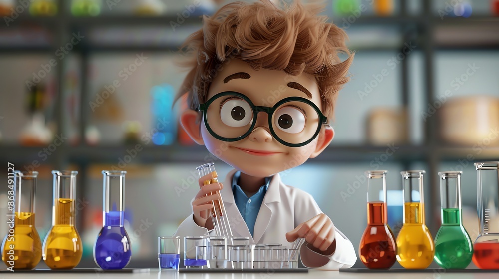 A cartoon scientist boy holding a test tube in a laboratory. A cartoon scientist boy holding a test tube in a laboratory.
