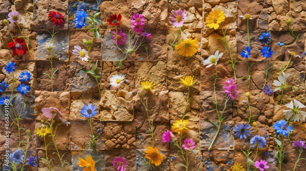 Fototapeta premium Screen wall with modular elements of compressed earth and wildflower seeds, designed to bloom and provide seasonal colors