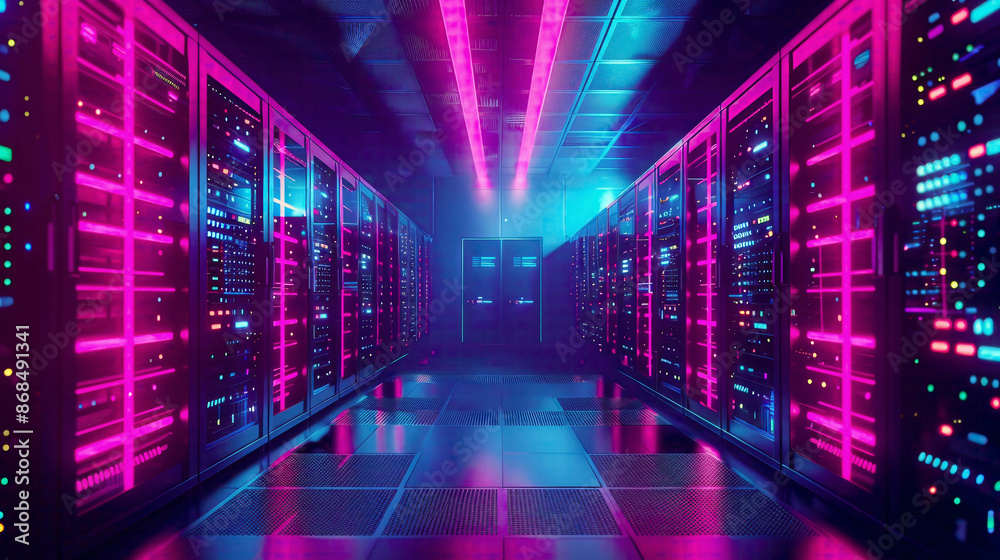 Vibrant data center scene: Operational server racks highlighting modern tech like telecommunications cloud computing AI database Dark backdrop with neon blue pink lights Futuristic feel Vibrant data center scene: Operational server racks highlighting modern tech like telecommunications cloud computing AI database Dark backdrop with neon blue pink lights Futuristic feel
