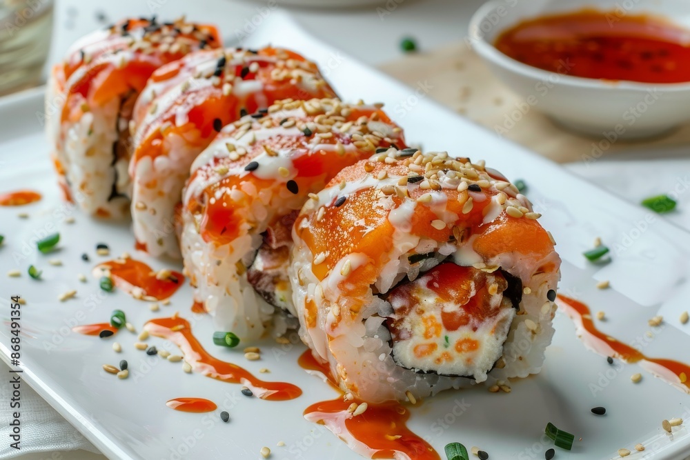 Tomato Sushi, Red Vegetable Uramaki Sushi Rolls, Fusion Maki Sushi with Rice, Cheese, Tomatoes Tomato Sushi, Red Vegetable Uramaki Sushi Rolls, Fusion Maki Sushi with Rice, Cheese, Tomatoes