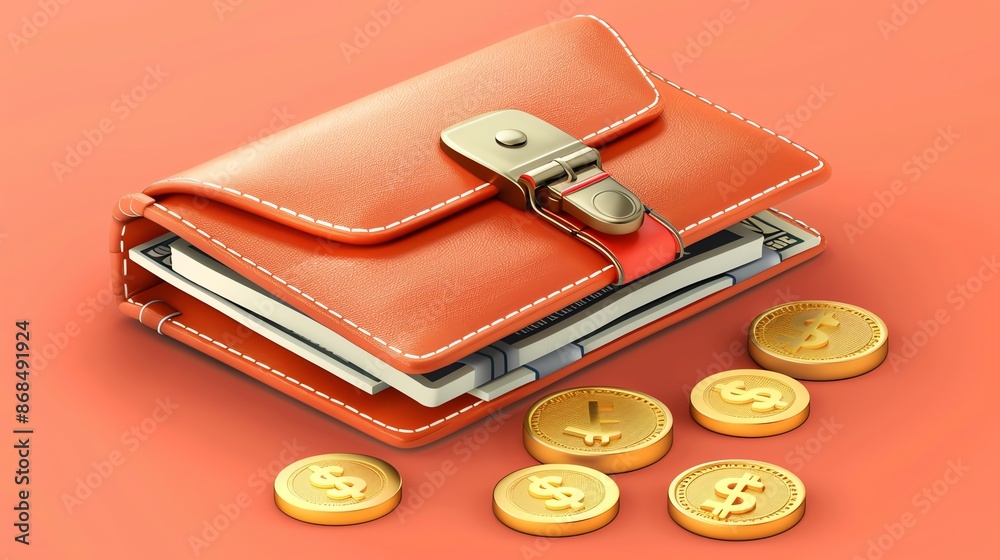 A leather wallet with money and gold coins on a coral background. A leather wallet with money and gold coins on a coral background.