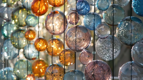 Screen wall with panels made from blown glass bubbles, each capturing and reflecting light differently to create a sparkling privacy screen