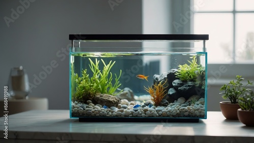 Sleek, modern small aquarium design with single orange fish and green plants sits on white countertop. Tank is filled with clear water and white gravel photo