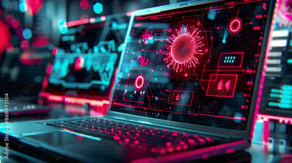 Obraz premium Visual showcases a warning alert of a system hack displayed on a notebook (laptop) screen indicating a cyber attack targeting the computer network Icons denoting viruses