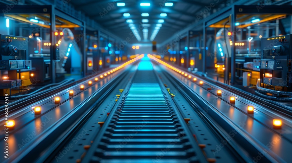 Factory production line with blue electronic devices, in glowing 3D style, airy and bright scene, dreamlike quality, science-based, superb details. Factory production line with blue electronic devices, in glowing 3D style, airy and bright scene, dreamlike quality, science-based, superb details.