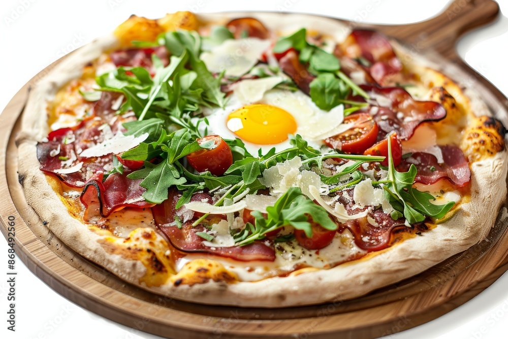Pizza Carbonara with Bacon, Cheese, Rucola, Tomato Sauce, Mozzarella and Raw Egg Yolk Isolated Pizza Carbonara with Bacon, Cheese, Rucola, Tomato Sauce, Mozzarella and Raw Egg Yolk Isolated