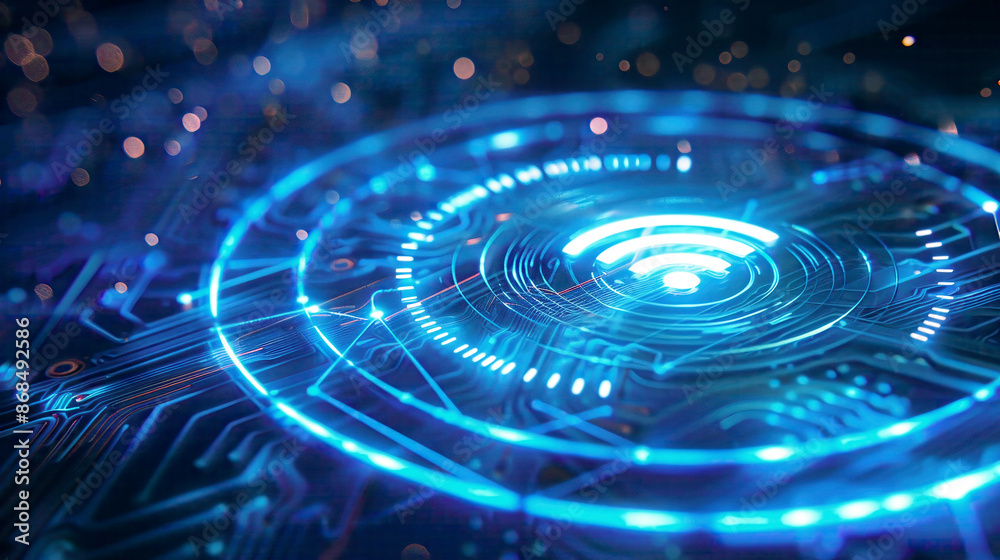 Wireless computer security theme detailed closeup of secure Wi-Fi signal icon high-tech photorealistic soft blue illumination modern cyber visuals Wireless computer security theme detailed closeup of secure Wi-Fi signal icon high-tech photorealistic soft blue illumination modern cyber visuals