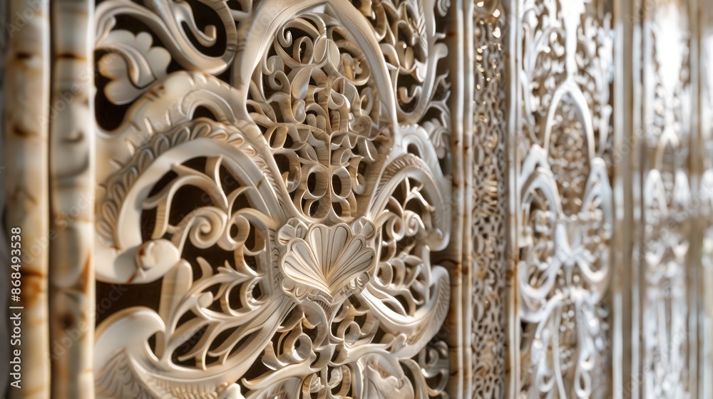 Screen wall with panels of carved bone and horn, showcasing intricate traditional patterns for a luxurious privacy solution Screen wall with panels of carved bone and horn, showcasing intricate traditional patterns for a luxurious privacy solution