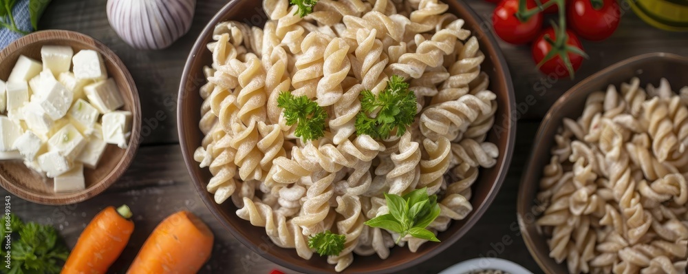 Delicious pasta dish with fresh vegetables, cheese, and herbs. Ideal for blogs, food magazines, and restaurant promotion. Delicious pasta dish with fresh vegetables, cheese, and herbs. Ideal for blogs, food magazines, and restaurant promotion.