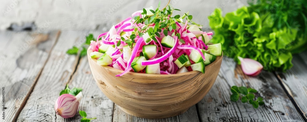 Fresh vegetable salad with cucumbers, pickled onions, radishes, and greens in a wooden bowl on a rustic wooden table. Healthy vegan meal. Fresh vegetable salad with cucumbers, pickled onions, radishes, and greens in a wooden bowl on a rustic wooden table. Healthy vegan meal.