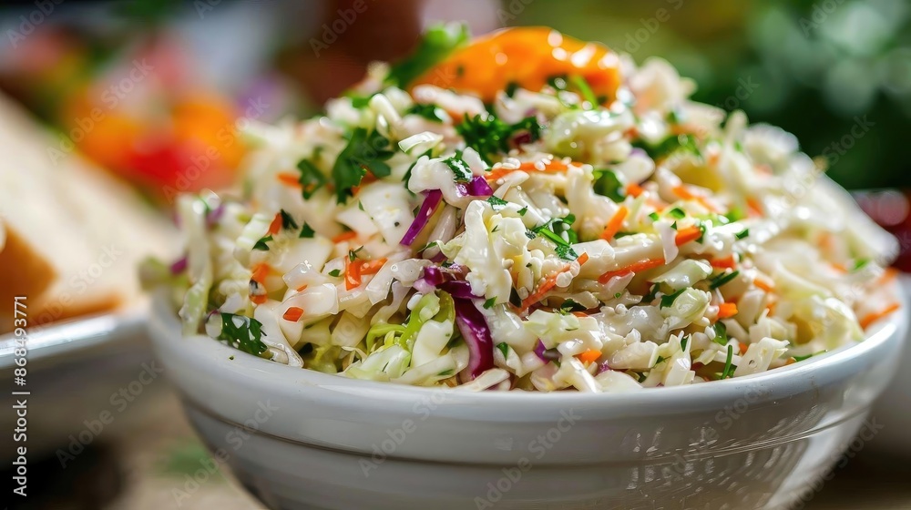 Fresh and colorful coleslaw salad in a white bowl, garnished with herbs. Perfect for healthy eating and vegetarian meals. Fresh and colorful coleslaw salad in a white bowl, garnished with herbs. Perfect for healthy eating and vegetarian meals.