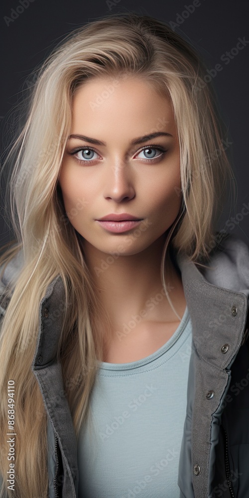 Young adult Nordic blonde woman with blond hair and light blue eyes wearing jacket Young adult Nordic blonde woman with blond hair and light blue eyes wearing jacket