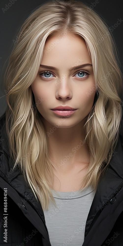 Young adult Nordic blonde woman with blond hair and light blue eyes wearing jacket Young adult Nordic blonde woman with blond hair and light blue eyes wearing jacket