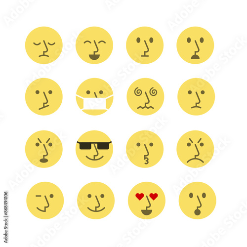 Naive stylish abstract emoji with various expressions. Set of faces icons for social media, messengers, graphics.