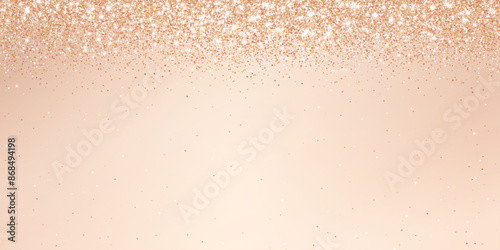 Rose gold bronze glitter lights background. Sparkling champaigne glittering rain effect. Celebration beige backdrop for Christmas and New Year, wedding, birthday party. Luxury frame, border. Vector.