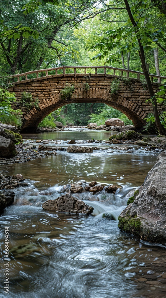 Stone arch bridge over a flowing creek in a lush green forest. Generated AI. Stone arch bridge over a flowing creek in a lush green forest. Generated AI.