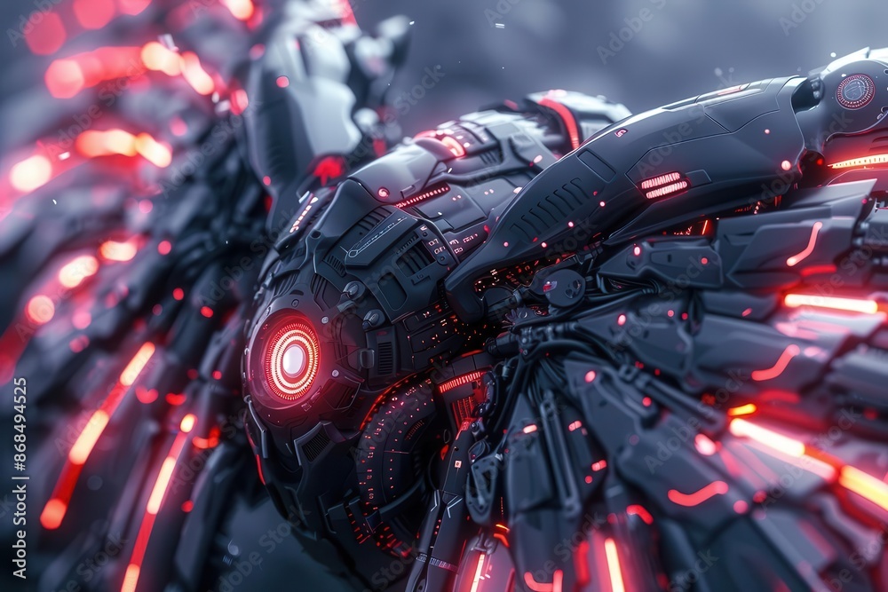 Fototapeta premium Close-up of futuristic mechanical wings with glowing red lights, showcasing advanced technology and intricate design.