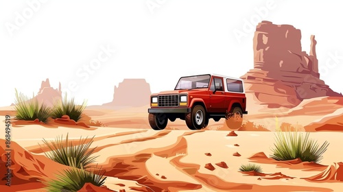 A cartoon illustration of a red jeep driving through a desert landscape.