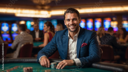 Elegant man in blue suit playing poker at casino, smiling confident gambler at gaming table, vibrant casino atmosphere with bokeh lights, winning and betting concept