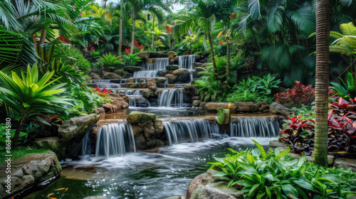 Multiple cascading waterfalls flow through lush, vibrant tropical vegetation. There are various shades of green, with colorful plants and flowers adorning the scene.