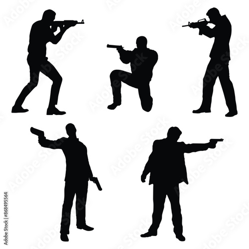 Man Pointing Gun Vector Art Silhouette Set
