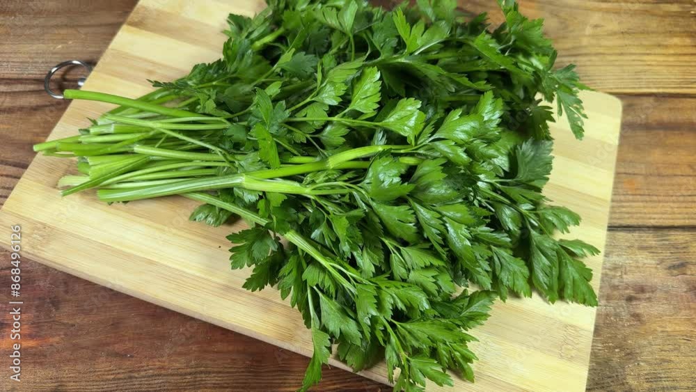 Bunch of fresh parsley on cutting board on rustic table Bunch of fresh parsley on cutting board on rustic table