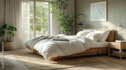 Scandinavian bedroom bright lighting from large windows white walls light wood flooring minimalist furniture cozy feel