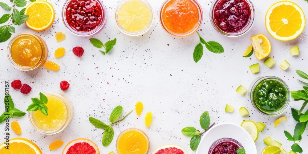 Assorted jars of citrus and fruit jams with fresh citrus slices on a white background. Vibrant homemade preserves concept. Assorted jars of citrus and fruit jams with fresh citrus slices on a white background. Vibrant homemade preserves concept.